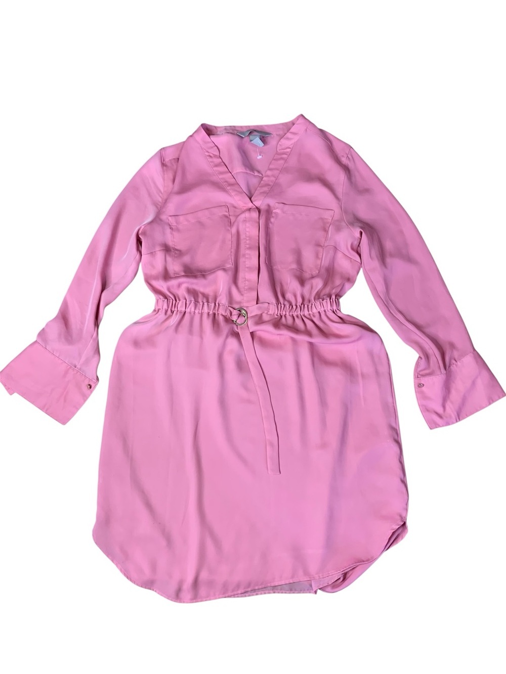 H&M Pink V-Neck Long Sleeve Shirt Dress Elastic Waist Size M
